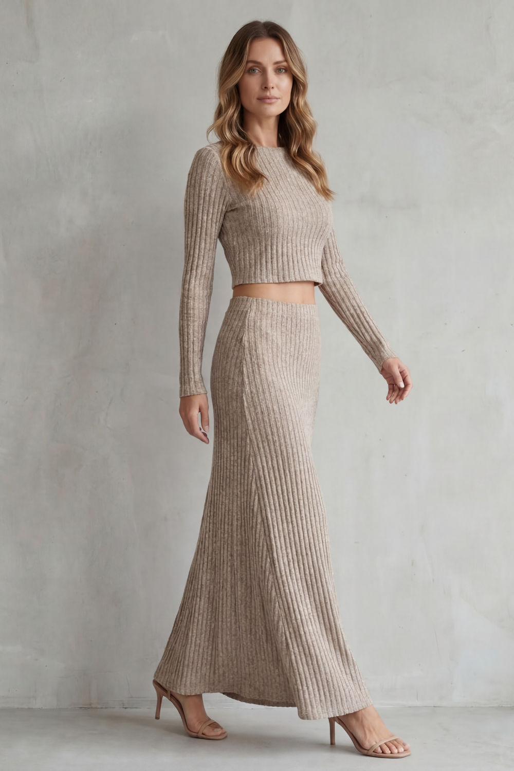 Set Women - Ribbed Knit Lounge Set with Long Sleeve Top