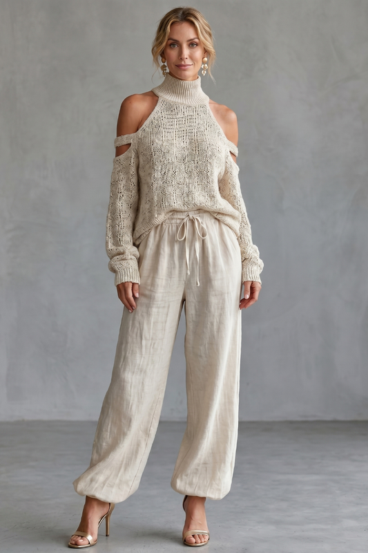 Set Women - Knit Two-Piece Outfit with Open Shoulder Top