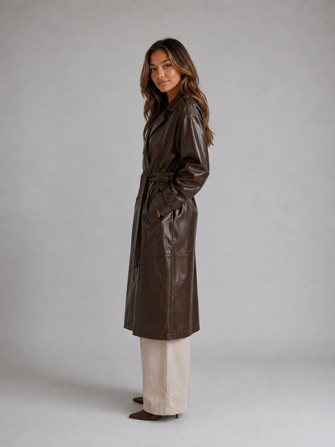 Trench Coat Women - Leather Look Trench Coat with Waist Belt