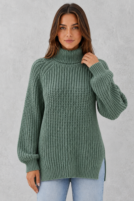 Sweater Women - Ribbed Roll Neck Jumper with Side Splits